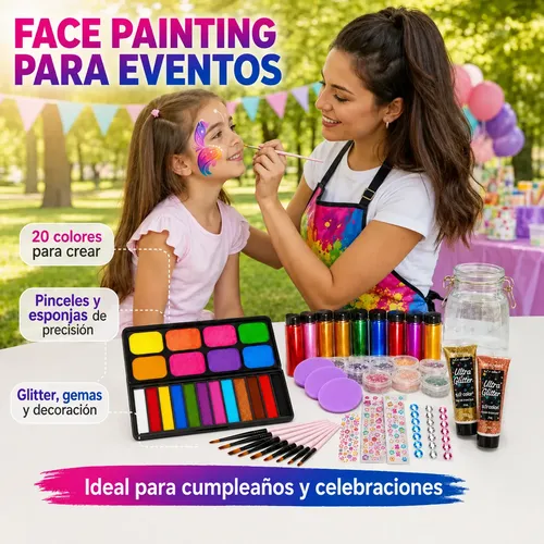 Face Paint 20 Colores, Glitter Y Pinceles Unagenia