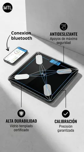 Balanza Digital Baño MTL Bluetooth 180kg Vidrio Templado Sensor Alta Precision Pantalla Lcd Encendido Automatico Diseño Slim Antideslizante Hogar Control Peso Salud Fitness App