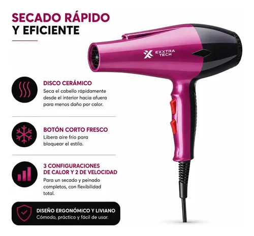 Secador de Pelo Profesional Exxtra Tech 2000W Frío Calor Cerámico 3 Temperaturas 2 Velocidades Aire Frío Boquilla Concentradora Cable Giratorio 360° Violeta
