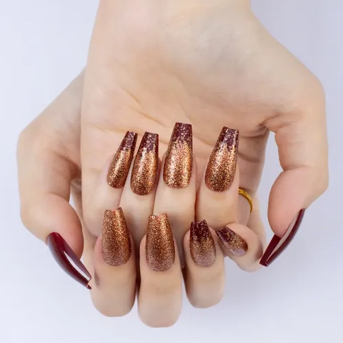 Uñas Press On Nails Veluna Reutilizables Diseños Variados Color Copper Wine