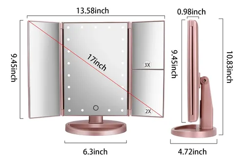 Espejo Para Maquillaje Triptico Con Aumento Y Luz Led Rosa