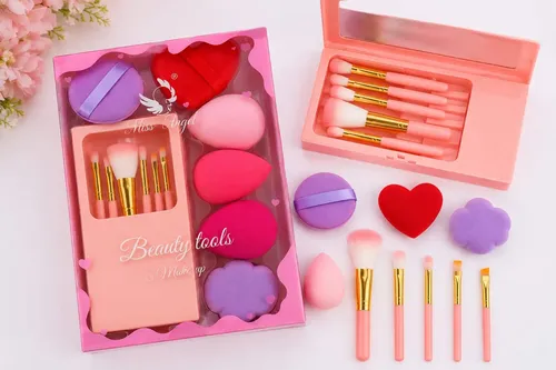 Set De Esponjas Y Brochas Estuche Y Espejo Makeup Lefemme