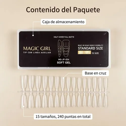 Tips Uñas Soft Gel Almendra Mate 240pcs 15 Tamaños