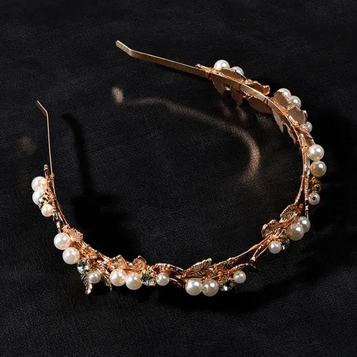 Diadema De Perlas Con Hojas Y Cristales Para Novia Rose Gold With White Pearls