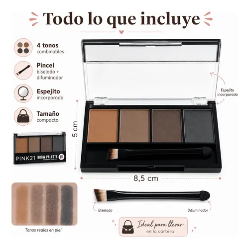 Paleta Cejas Pink 21 4 Tonos Pincel Espejo Larga Duración