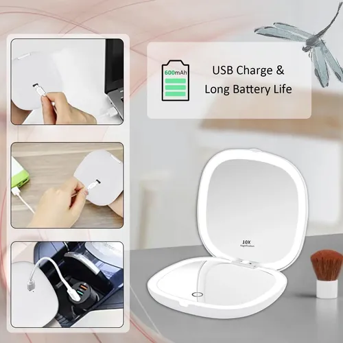 Espejo De Maquillaje De Viaje Con Luz Led, Aumento De Blanco Blanco