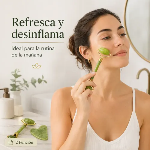 Kit Roller Jade Y Gua Sha Verde Masaje Facial Relajante