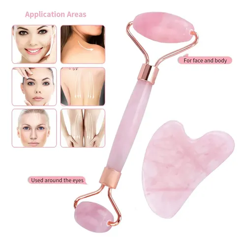 Set Rodillo Y Gua Sha Cuarzo Rosa Facial Y Corporal