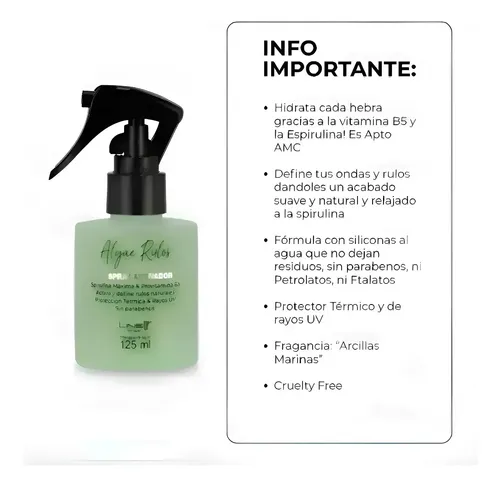 Spray Hidratador Y Formador De Rizos Y Ondas con Espirulina Maxima que hidrata y Nutre a la vez por su alto contenido proteico, Producto Profesional, 125ml-lineup