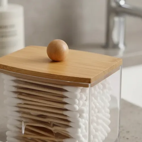 Organizador Cosméticos Maquillaje Acrílico Tapa Bambú 7x8cm