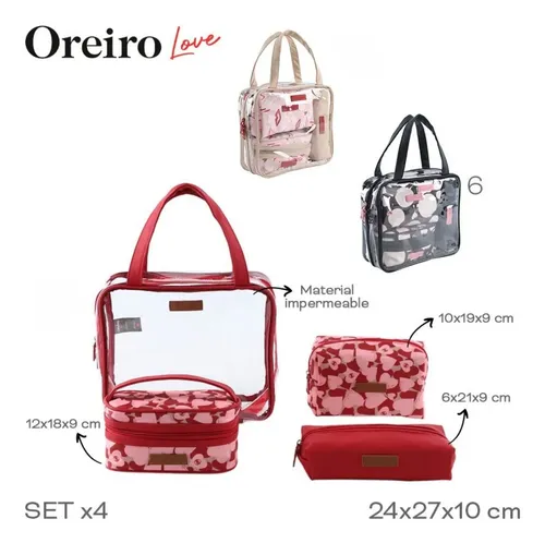 Set X4 Neceser Oreiro Love Transparente Pvc Viaje Maquillaje