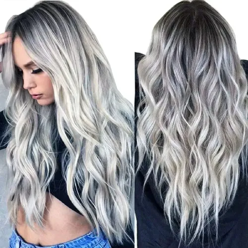 `ld Peluca Larga De Mujer Color Gris Degradado Pelo Ola `fhj