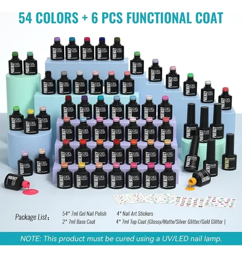 Juego De Esmalte En Gel 54 Colores Phoenixy Con Base Y Top