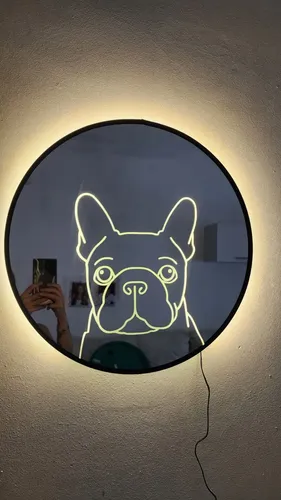 Espejo Led Bulldog Francés 50cm Luz Cálida Marco Negro
