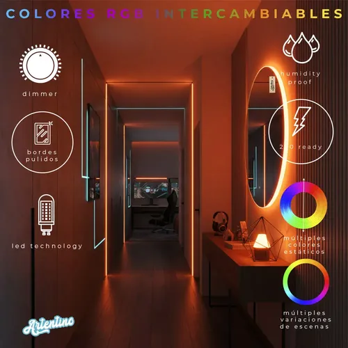 Espejo Led Pared Decorativo Redondo Luz Cálida Fria Rgb 60cm