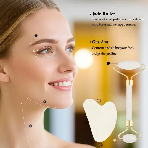 Set Masajeador Facial Gua Sha Rodillo Jade 4 Piezas Blanco