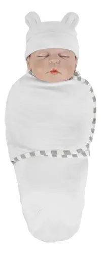 Toalla Swaddling De Algodón Con Gorro, Color Blanco