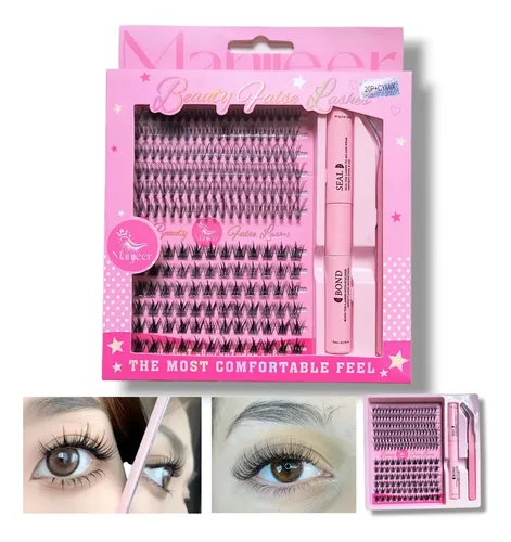 Kit Extensiones De Pestañas Cluster Bond Seal Y Pinza 20p + Cy D Largos Mix