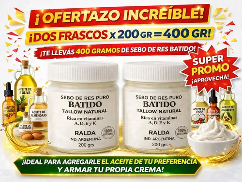 Crema Sebo De Res Tallow 400 Gr Promo 2 Frascos 200