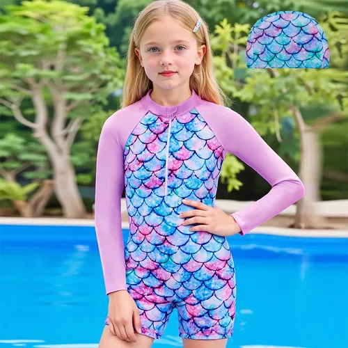 Traje De Baño Para Niñas Manga Larga Upf50 Con Gorro De Baño