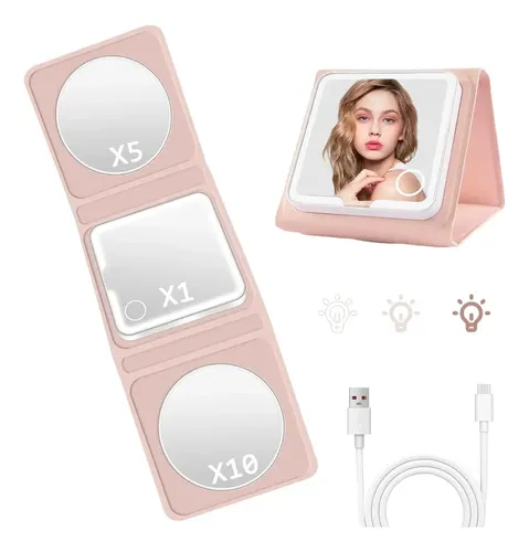Espejo de Maquillaje Recargable con Luz LED y Aumento 5X/10X para Bolso Rosa