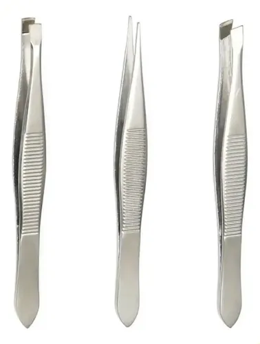 Kit 3 Pinzas Para Cejas Punta Fina, Reta Y Diagonal Plata