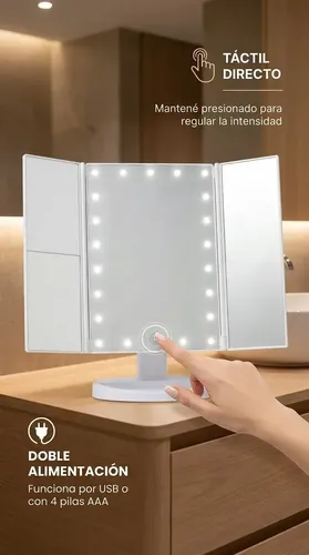Espejo Maquillaje Plegable Usb Led Tactil Portatil Cosmetico