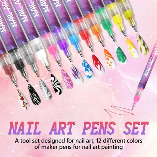 Juego De Bolígrafos Para Uñas De 12 Colores, Puntas Finas