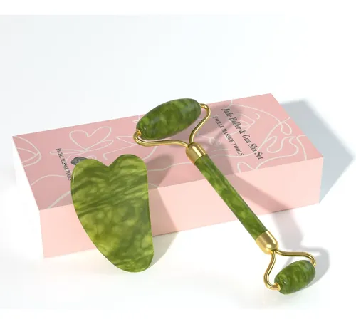 Set Masajeador Facial Rodillo Y Piedra Gua Sha Gris