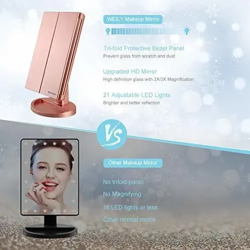 Espejo De Pie Triple Aumento, Led, Pantalla Tactil Rosa Gold