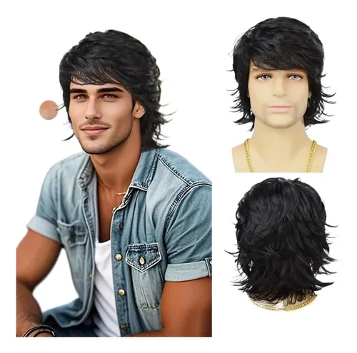 Peluca Natural Para Hombres Cabello Negro Corto Y Con Capas