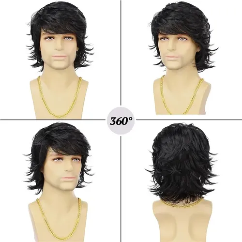 Peluca Natural Para Hombres Cabello Negro Corto Y Con Capas