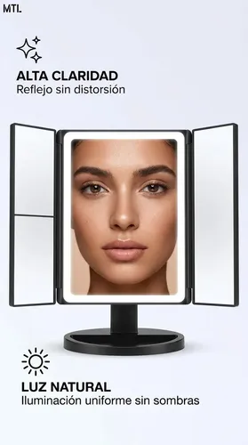 Espejo Mtl Tríptico Con Luz Led Iluminación Portátil Base Reforzada Ideal Maquillaje Profesional Rutinas Belleza Cuidado Facial Tocador Dormitorio Baño Negro Diseño Moderno Elegante Compacto Práctico