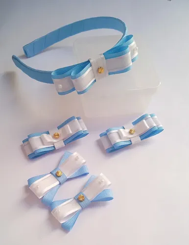 Kit De Vincha Y Moñitos Celeste Y Blanco De Argentina