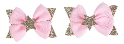 Hebillas Moño Deluxe Rosado Con Estrella Glitter X2 Unid Rosa