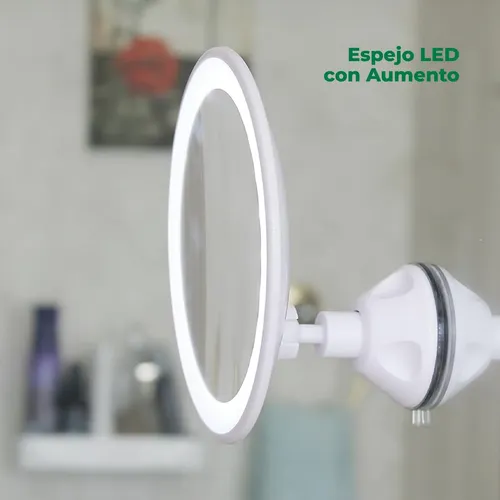 Espejo Circular Aumento X10 LED 20 Luces Fría Rotación 360° Ventosa Plateado