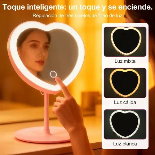 Espejo Maquillaje Led Corazón Rosa Con Bandeja Recargable