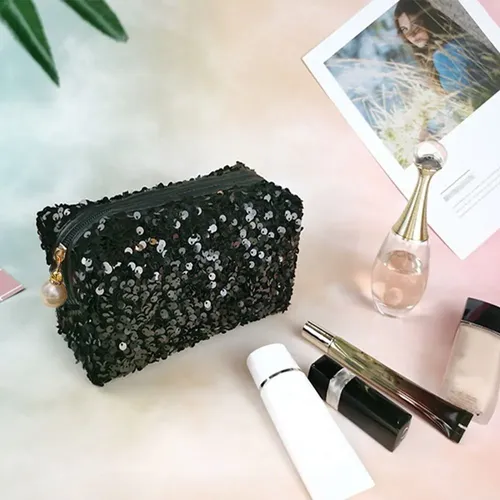 Cw Bolsa De Maquillaje Con Purpurina Negra Y Lentejuelas