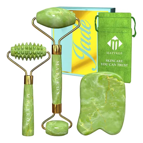 Set Masajeador Facial Jade Roller Y Gua Sha Antiedad