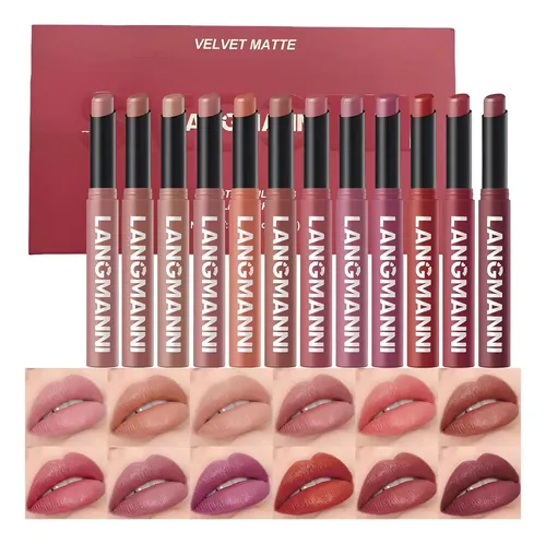 Set de 12 Labiales Jolilab Mate de Larga Duración, Colores Nude y Oscuros