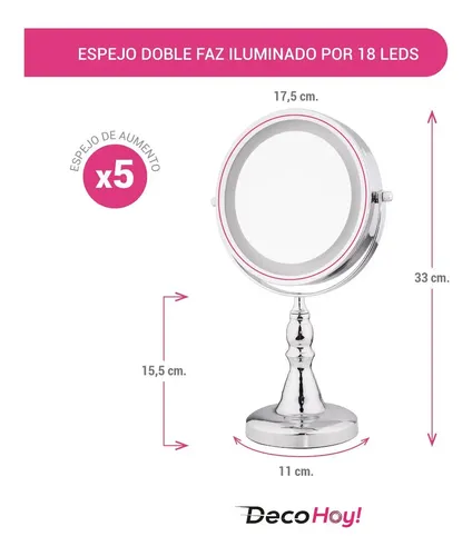 Espejo Led Maquillaje Aumento X5 Doble Faz Cromado 17,5 Cm
