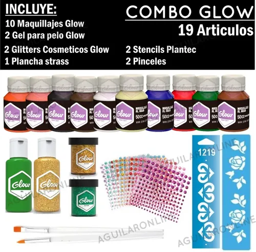 Kit 19 Maquillaje Glow Glitter Stras Gel Pincel Stencil