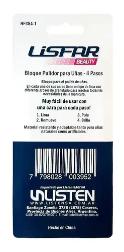 Bloque Pulidor Uñas Lisfar Beauty Recto 4 Pasos 1 Unidad