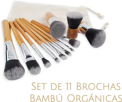 Set 11 Brochas Maquillaje Profesional Mango Bambú Marrón