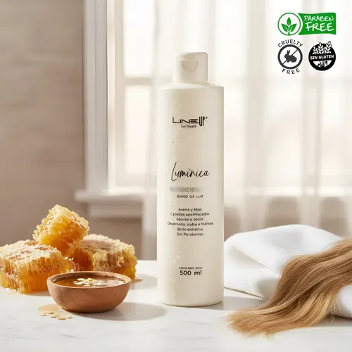 Acondicionador Lumínica Brillo con Avena & Miel que Hidratan y Nutren dejando una luminosidad superior de salón de belleza, producto profesional de 500Mls Lineup