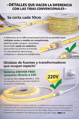 Tira Led 5m Cob 220v Directo Sin Driver Exterior Con Enchufe