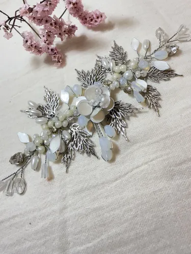Tocado Artesanal Aplique Novia 15 Años Blanco Plateado