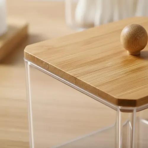 Organizador Cosméticos Maquillaje Acrílico Tapa Bambú 7x9cm
