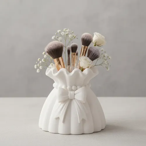 Porta Brochas Maquillaje Florero Cerámica Diseño Bolsa Moño