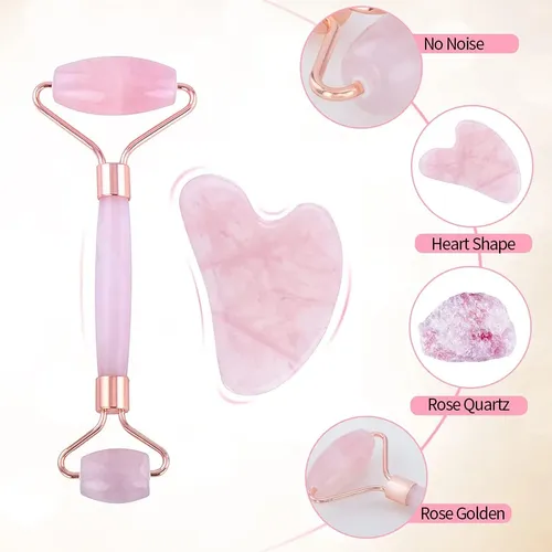 Set Rodillo Y Gua Sha Cuarzo Rosa Facial Y Corporal
